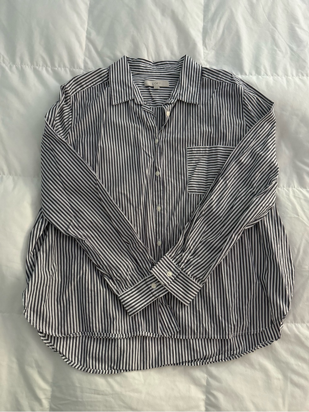 Women’s Navy and White Striped Button-Up Shirt